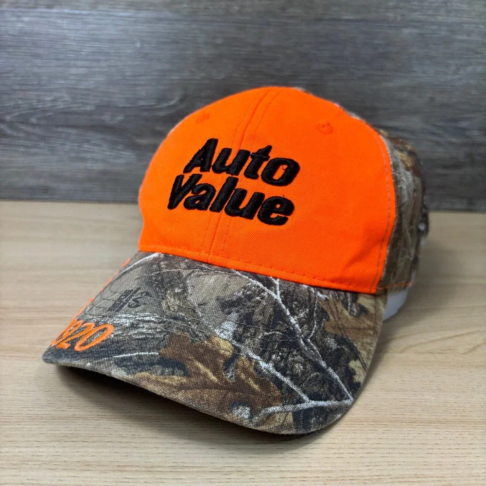 Auto Value Hat Cap Strap‎ Back Orange Brown Camo One Size Adjustable